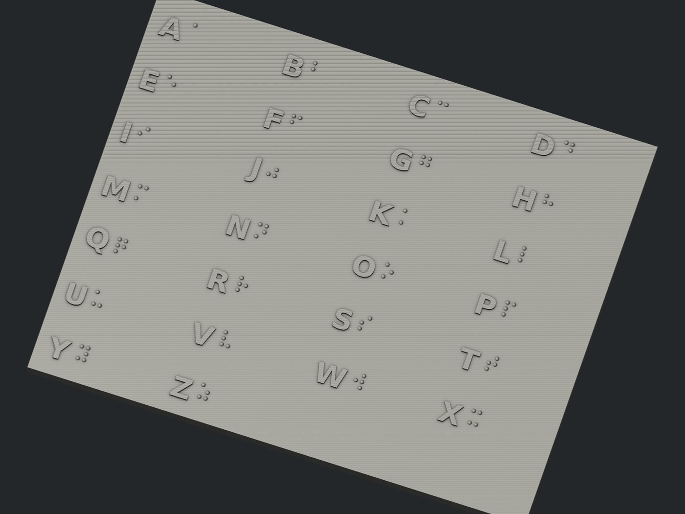 Render of the braille alphabet card: A to Z laid out in columns, each raised print letter followed by the same letter as a braille cell of domed dots.