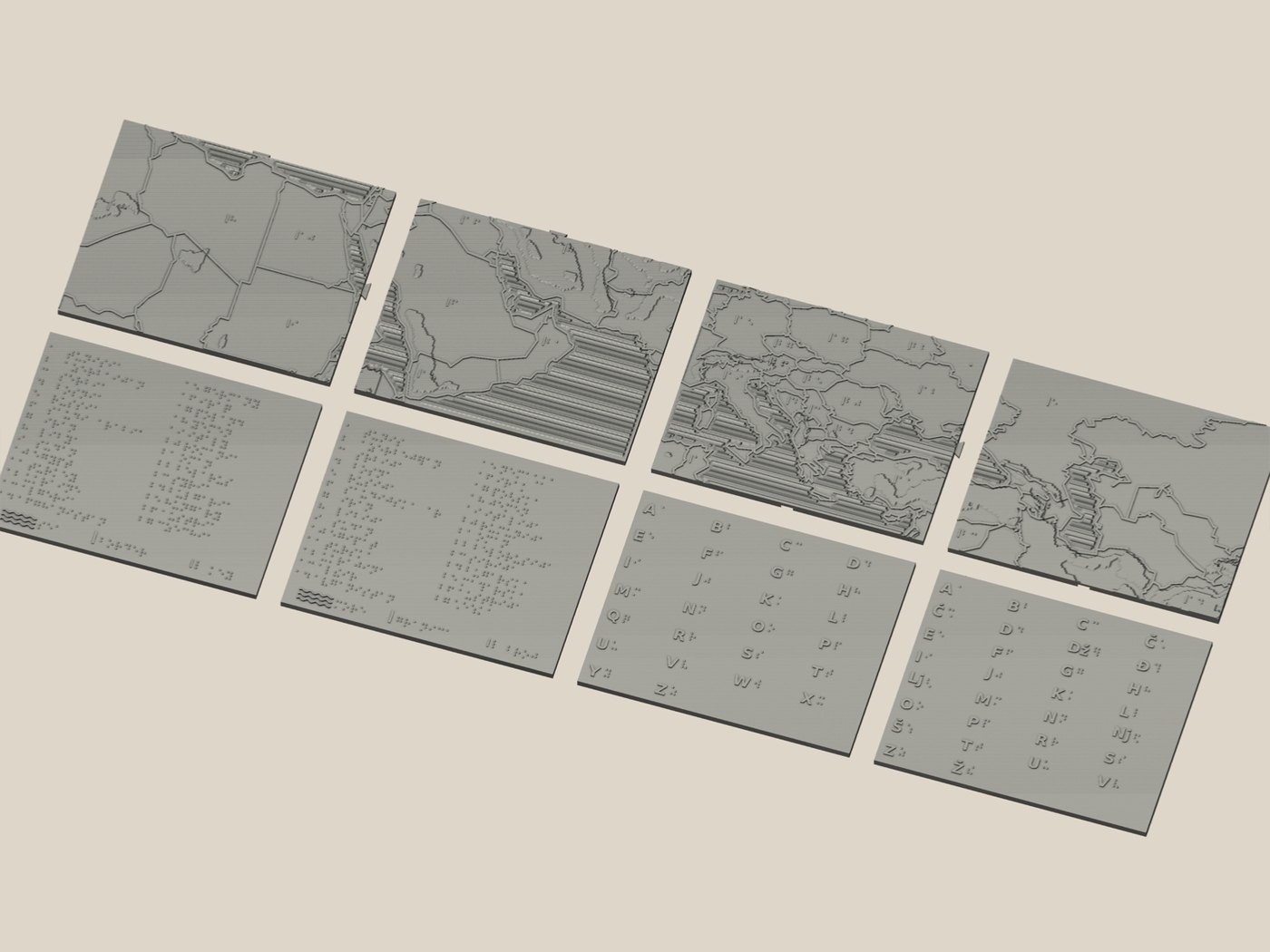 Render of the eight print-ready plates laid out in two rows: four map tiles, two braille legend cards and two braille alphabet cards.
