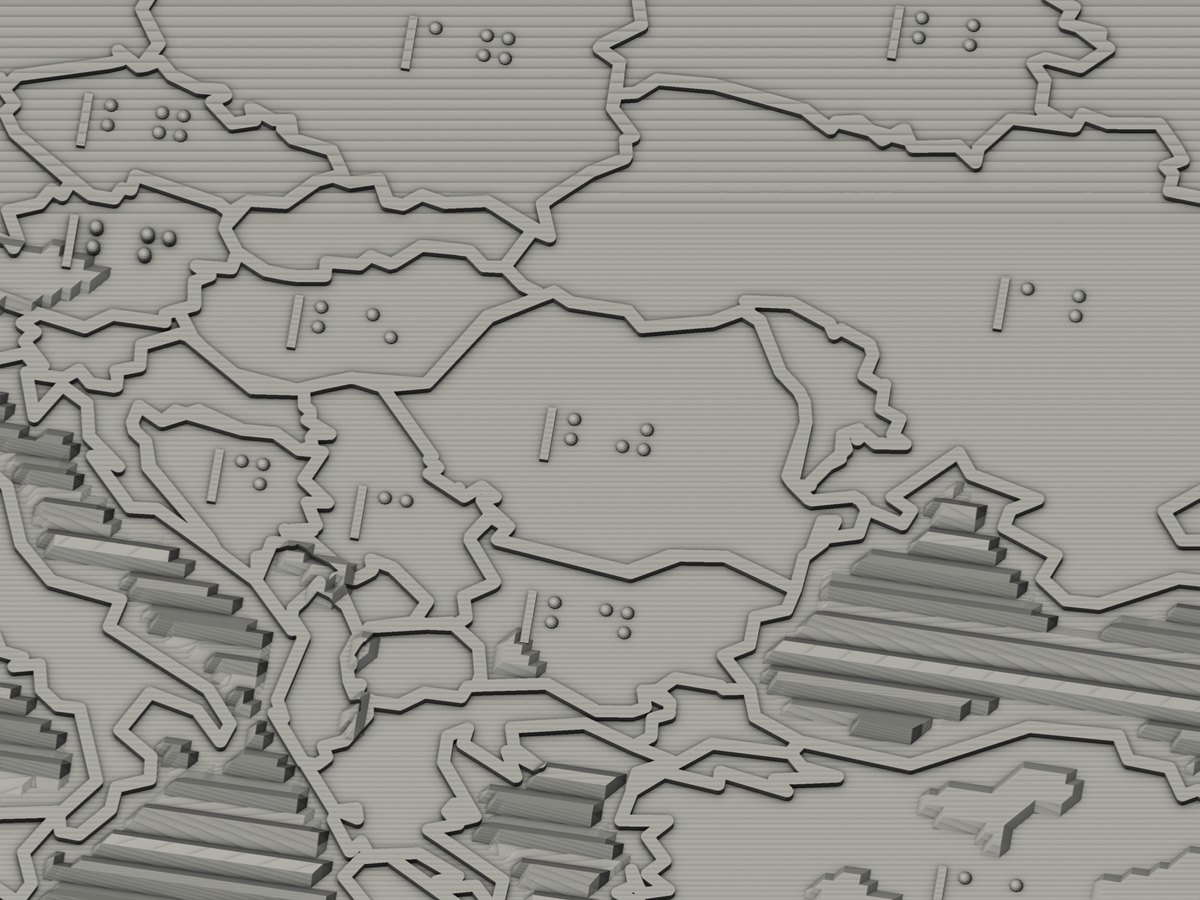 Render of the same corner of the map from the current files: each country now carries a braille number label, a short upright anchor ridge followed by braille cells of domed dots, instead of a printed digit.