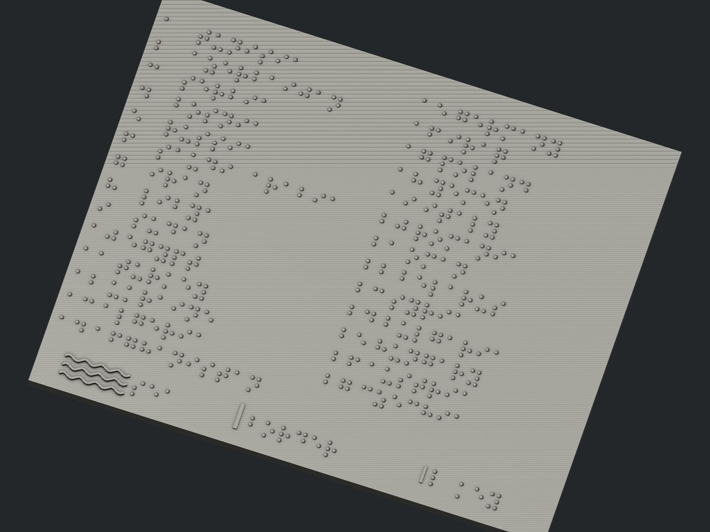 Render of the braille legend card: two columns of country names in braille, with a ribbed sea sample, a border sample and a braille number key along the bottom edge.