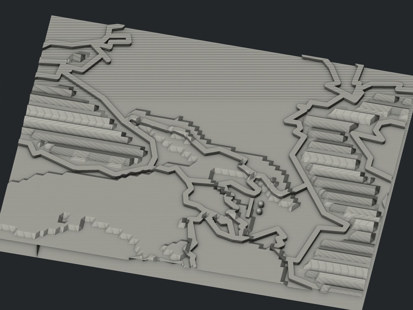Render of the map around the Black Sea, the Caucasus and the Caspian: the seas are ribbed with parallel waves and the land rises in flat stepped plateaus towards the mountain ranges.